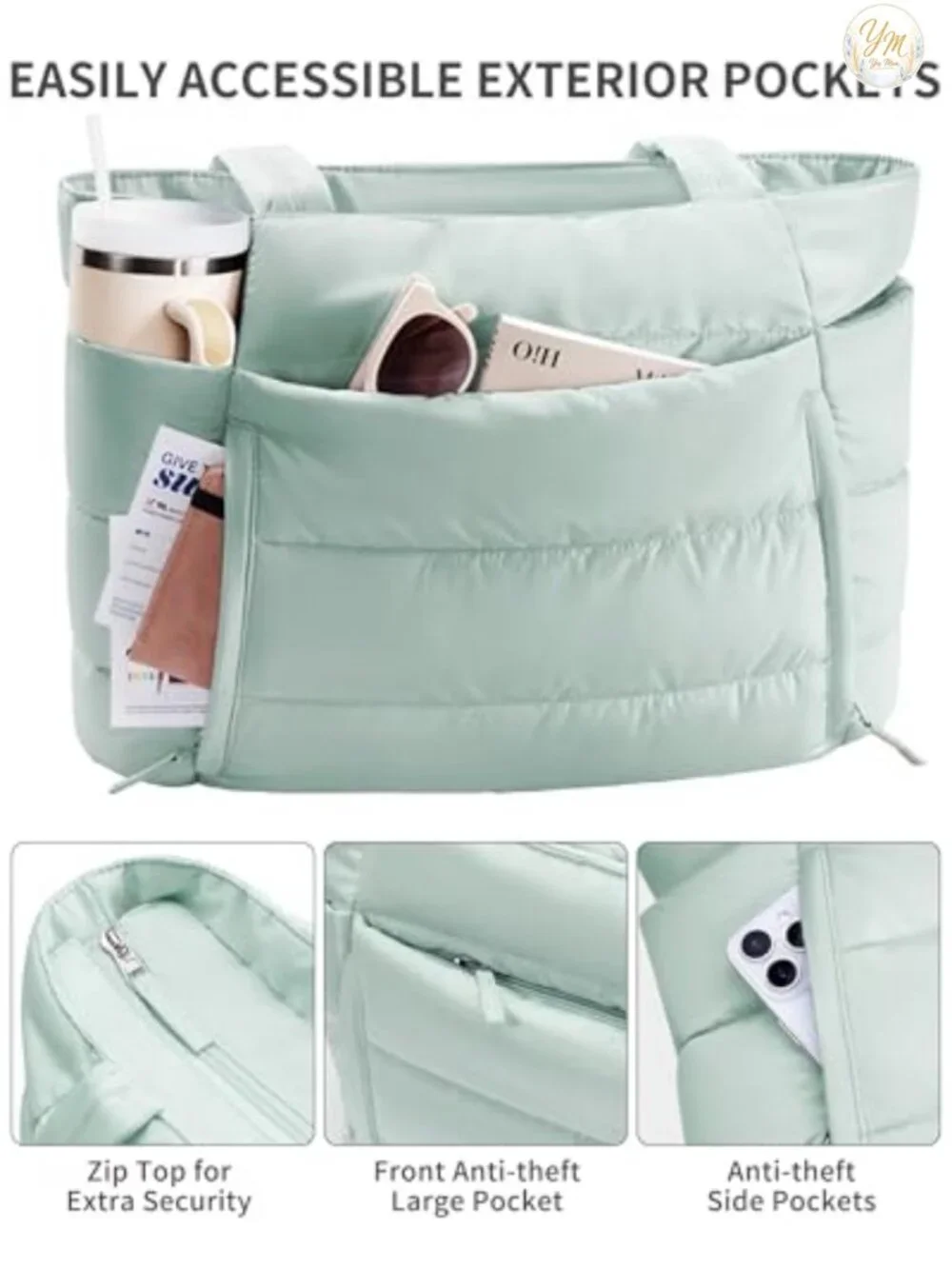 Puffer Tote Bag for Women, Lightweight Quilted Work Gym Travel Laptop Bag